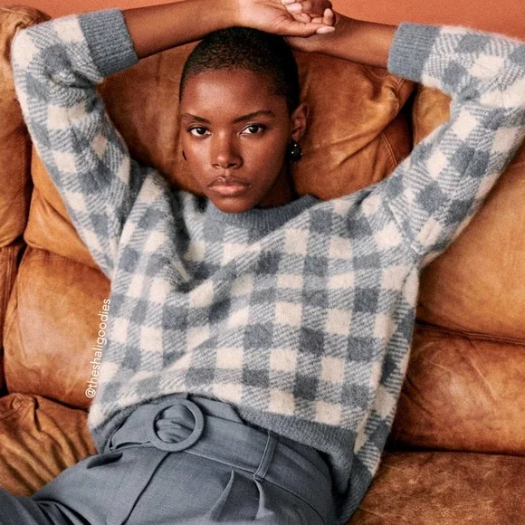 SEZANE Becky Jumper Blue Gingham Baby Alpaca Sweater - Picture 2 of 8